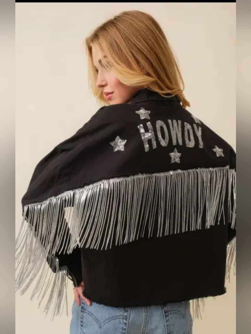 Black Fringe Jacket with Silver 'Howdy' Embellishment